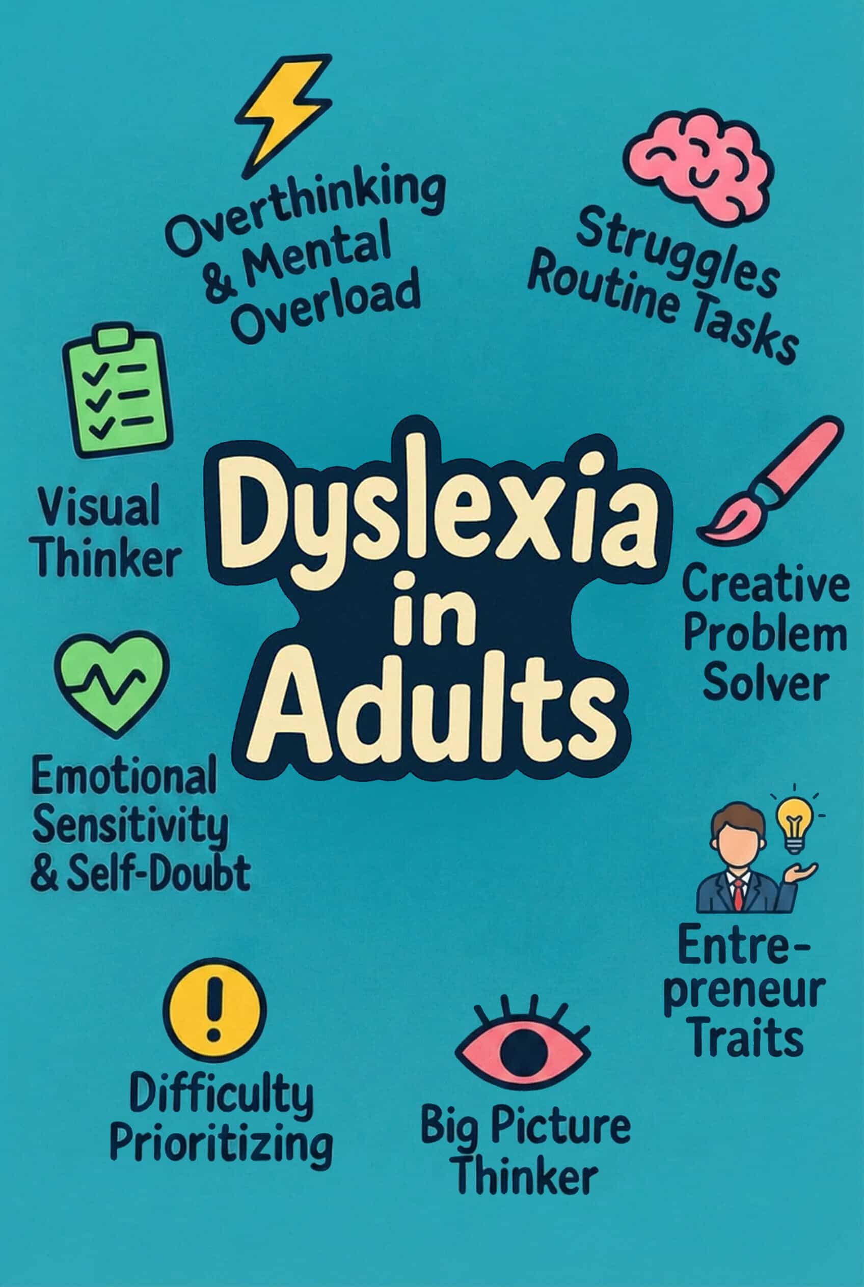 Dyslexia in adults infographic showing common strengths and everyday challenges