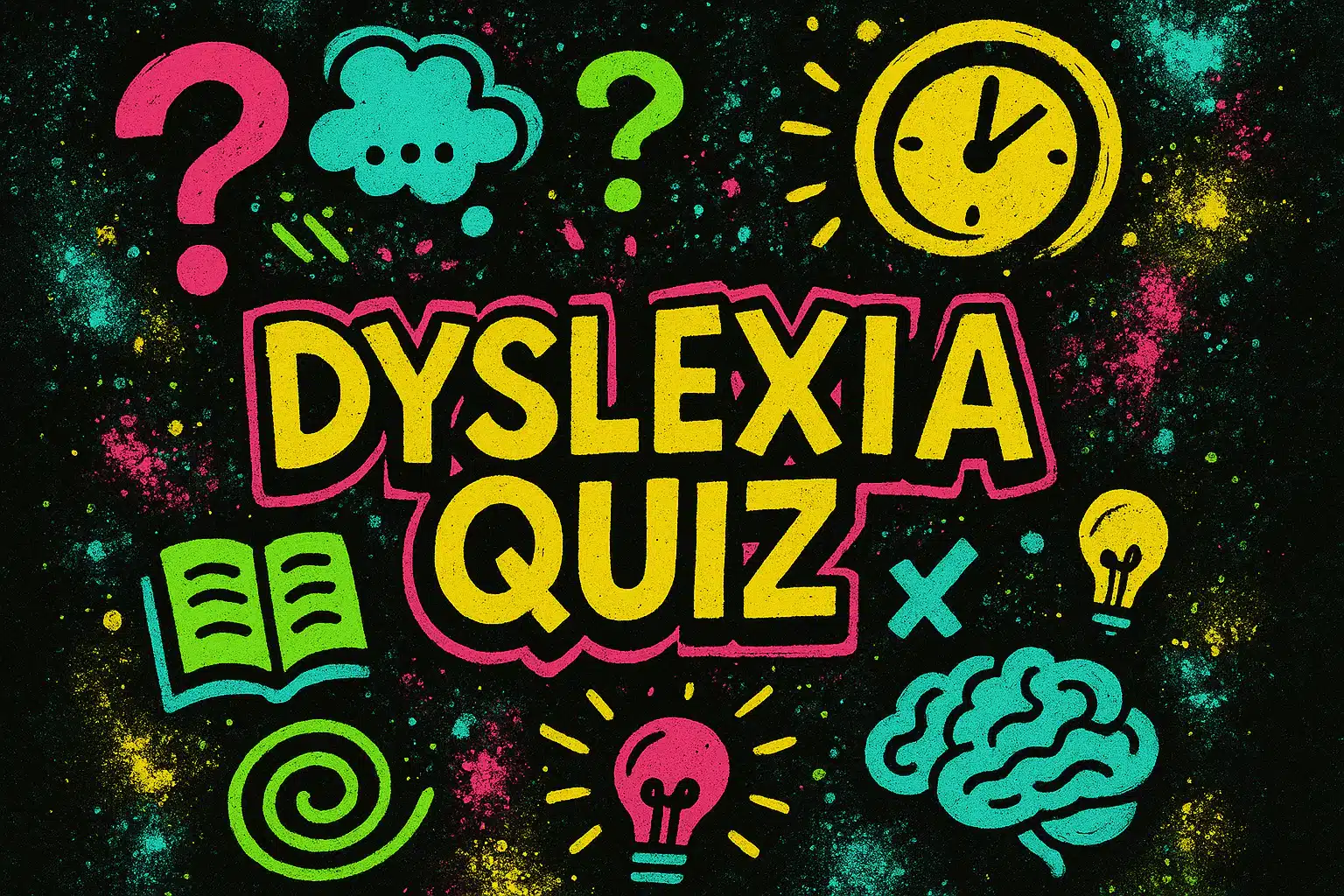 Colourful Dyslexia Quiz artwork with questions, a clock, a book and a brain
