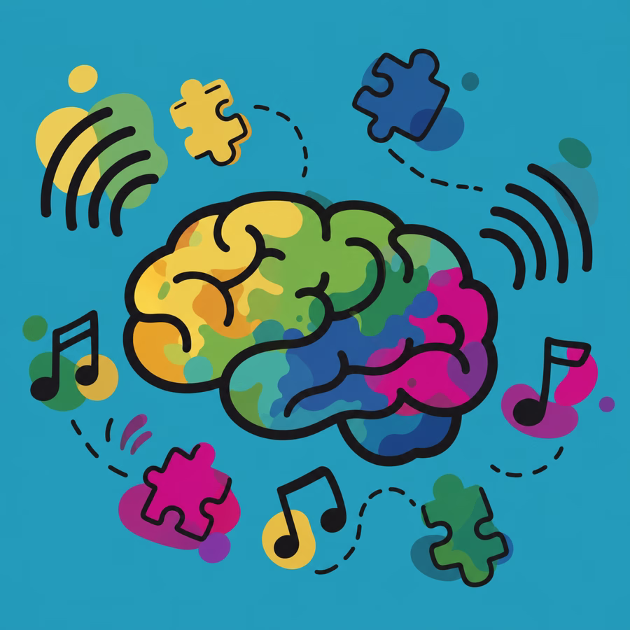 Colourful dyslexia brain illustration with sound waves, notes and drifting puzzle pieces