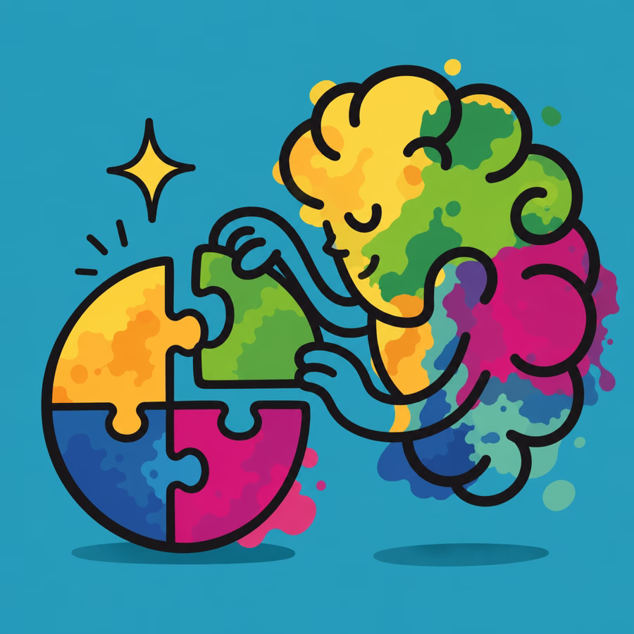 Colourful dyslexia brain illustration carefully arranging a circular puzzle