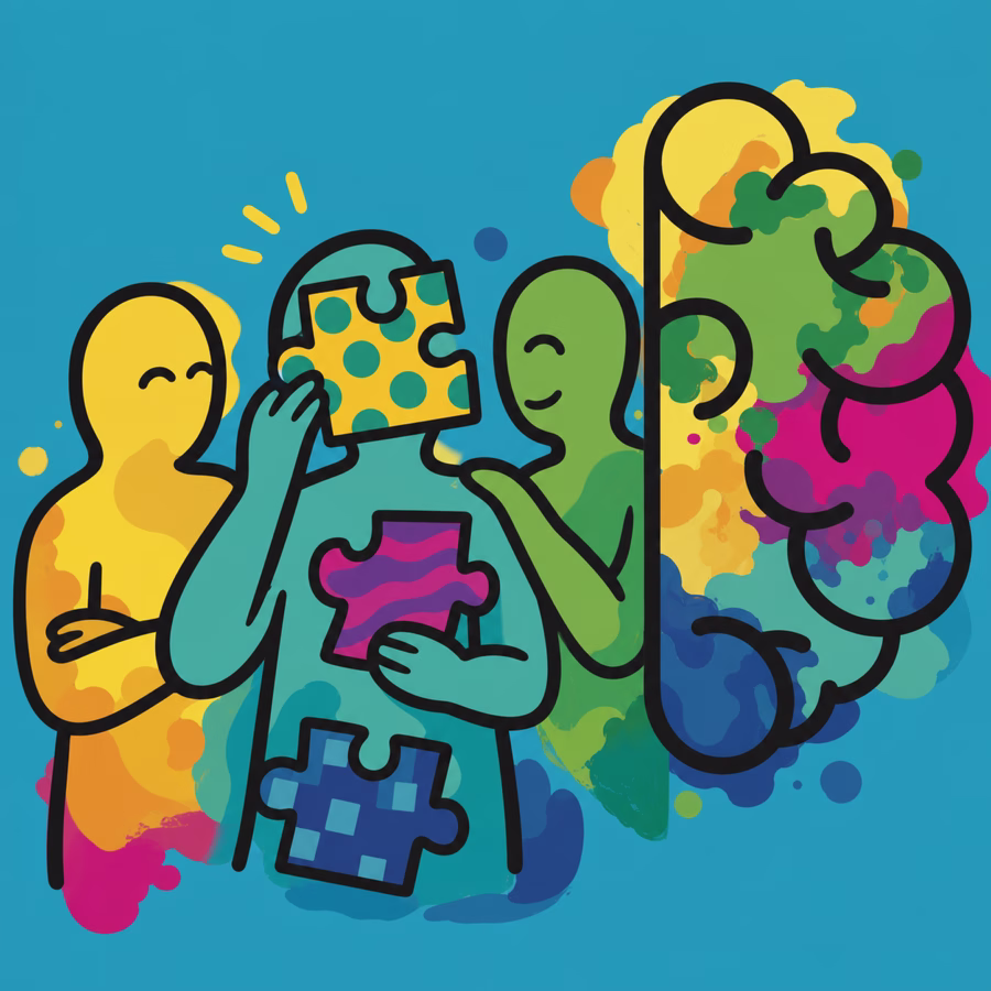 Colourful dyslexia brain illustration exploring different ways of fitting in